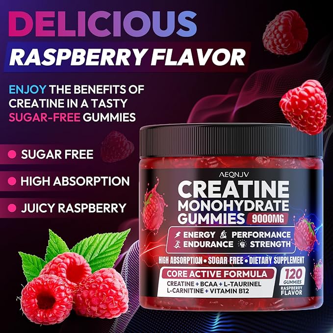 Creatine Gummies Monohydrate Complex 9000MG, Pre-Workout for Men & Women, Creatine Gummy with L-Taurine, BCAA 2:1, B12/6 for Muscle Support, Enhance Strength, Energy Boost-120 Count
