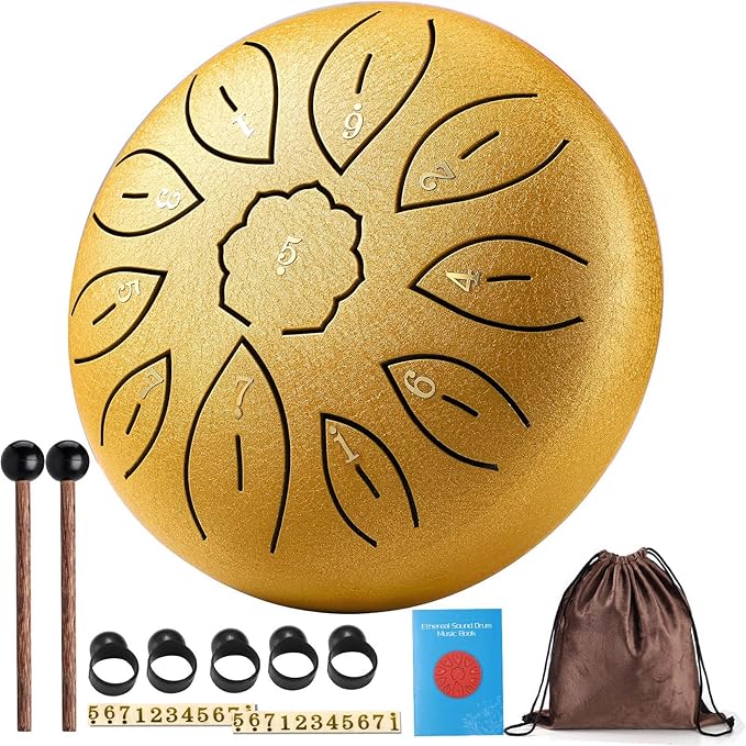 Facmogu 6 Inches 11 Notes Steel Tongue Drum, Handpan Drum Sound Healing Instruments for Meditation, Musical Education, Yoga, Zen, Hand Drum with Bag Mallets Finger Picks Music Book Stickers - Gold
