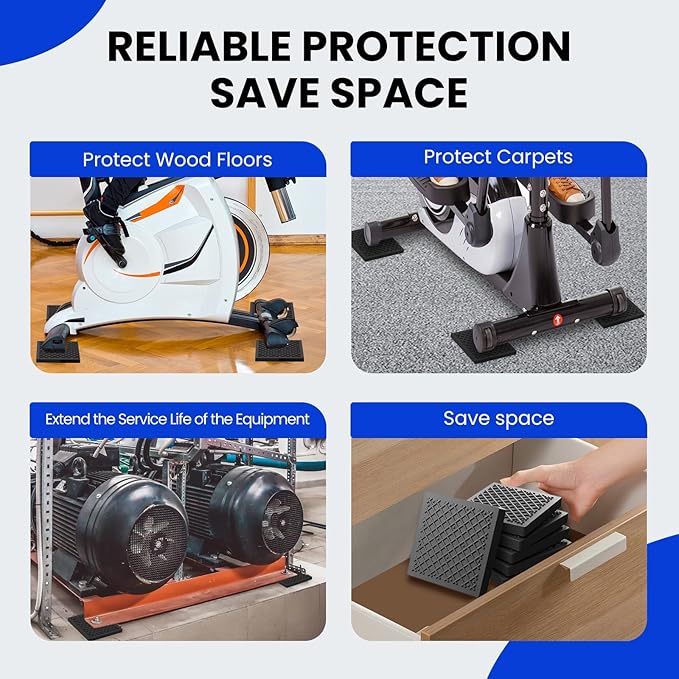 Exercise Equipment Mat 5.11x5.11x0.55in 6pcs, Heavy Duty Thick Steel Embedded Rubber Mat, Anti Slip/Noise Reduction/Vibration Resistance, Treadmills Equipment Pads, Used for Carpets, Wooden Floors