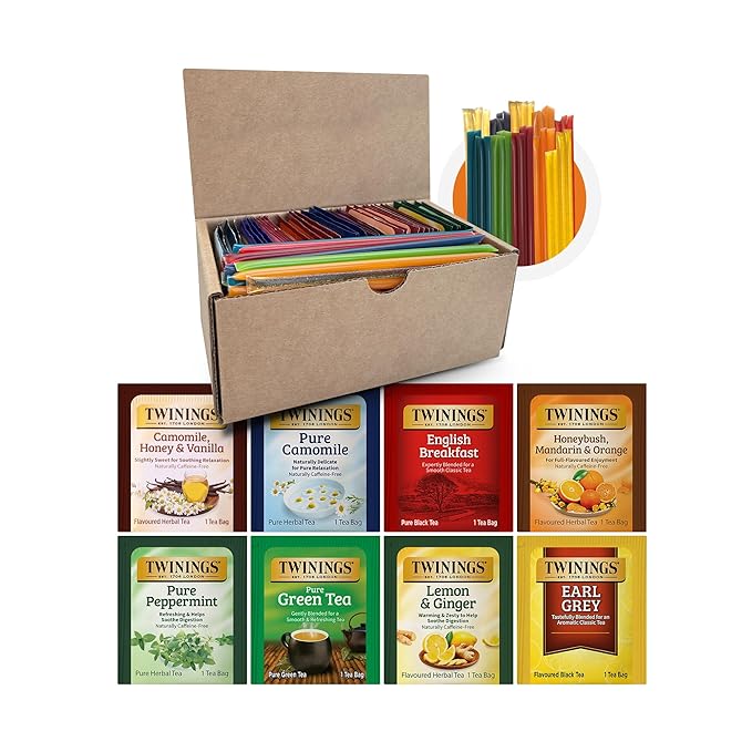 Twinings 48 Tea Bags Herbal Variety Pack, Bundle with 20 Flavored Honey Sticks – 8 Flavors Caffeine-Free Individually Wrapped Teas for Gift Baskets, Office, or Lobby Refreshments
