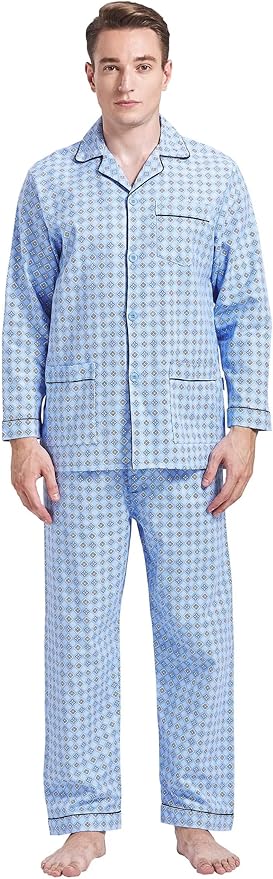 GLOBAL Men's Pajamas Sets 100% Cotton Flannel Sleepwear Long-Sleeve top & Bottom