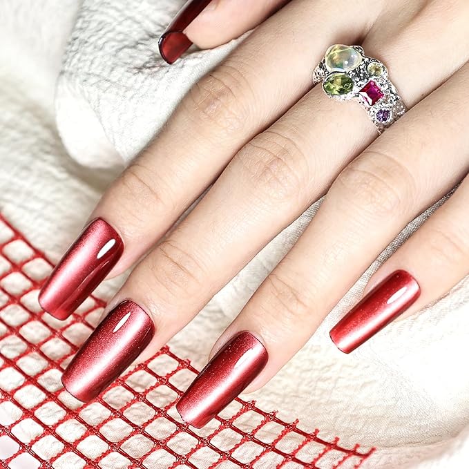 JODSONE 16.5ml Red Cat Eye Gel Nail Polish,Glitter Burgundy Red Cat Eye Magnetic Reflective Translucent Need U V Curing at Home Salon Design