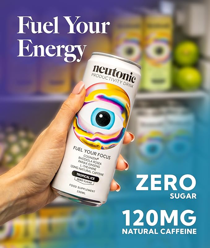 Neutonic Nootropic Productivity Energy Drink | Tropical Ice 12 Cans | 120mg Natural Caffeine, Zero Sugar | Support Memory, Mental Clarity, Cognitive Function | Boost Focus, Energy, Brain Health