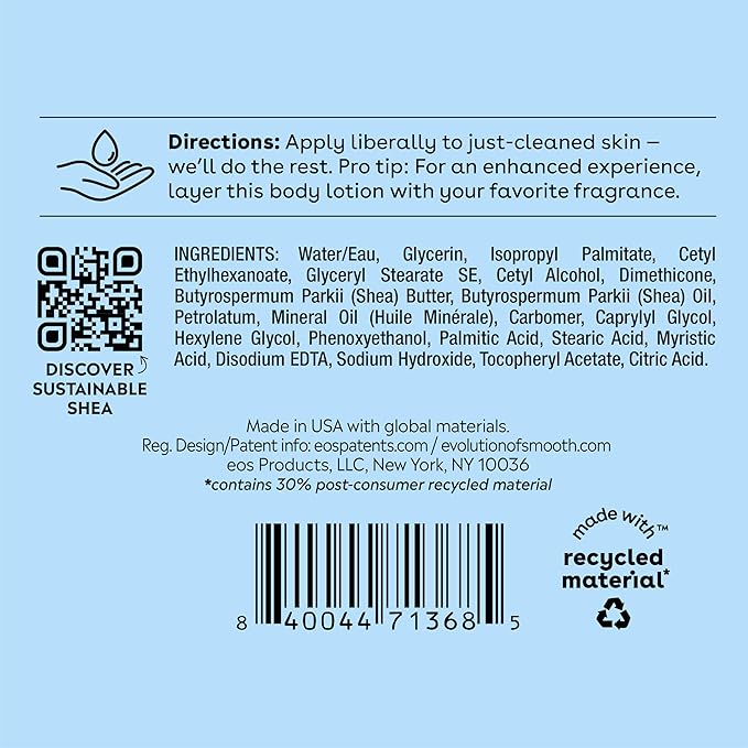 eos Shea Better Body Lotion Fragrance Free, 24-Hour Hydration Skin Care, Lightweight & Non-Greasy, Natural Shea, Vegan, Unscented Body Lotion, 16 fl oz