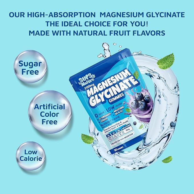 Magnesium Glycinate Gummies 2150 mg with Melatonin 5mg for Adults Sleep Support, Stress Relief, Blueberry Gummies 90 CT