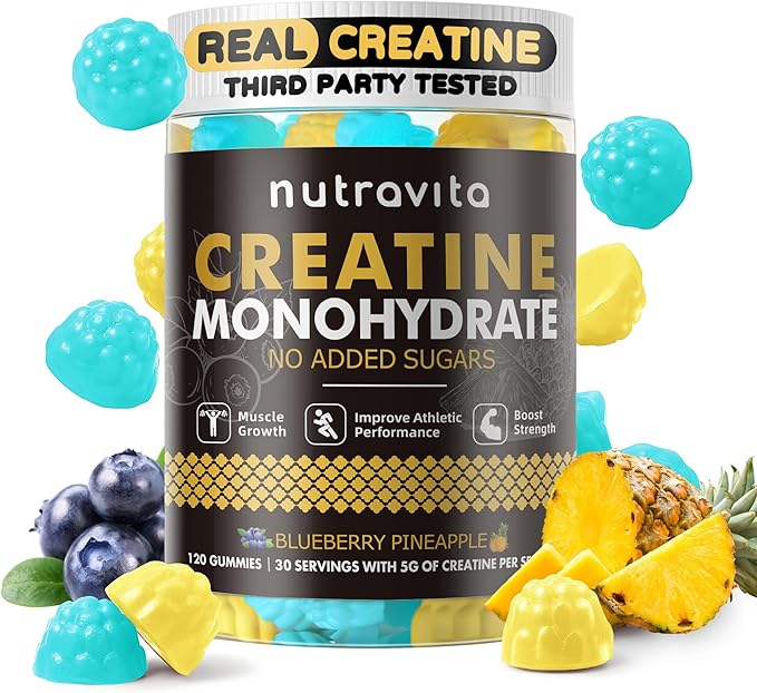 Nutravita Creatine Monohydrate Gummies for Men & Women-5g of Creatine Monohydrate per Serving - Sugar Free,Vegan,Blueberry Pineapple Flavor, 120 Count