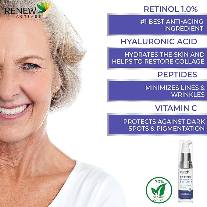 RENEW ACTIVES Retinol Facial Serum with Hyaluronic Acid & Vitamin C – Hydrating & Nourishing Formula for Youthful Skin – Reduces Fine Lines & Wrinkles – For All Skin Types – Made in Canada – 30ml