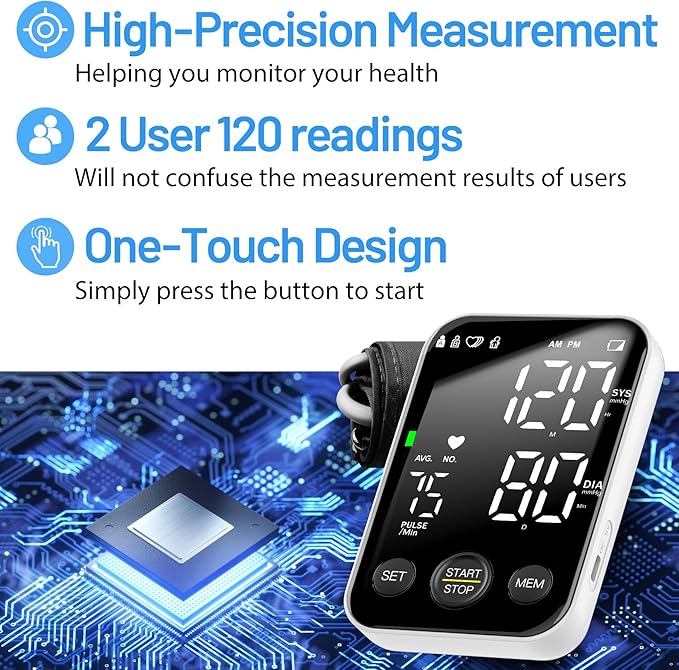 Blood Pressure Monitor Upper Arm Machine Accurate Adjustable Manual BP Cuff Kit Led Backlit Display 2 Users 240 Sets Memory Includes Storage Bag Black