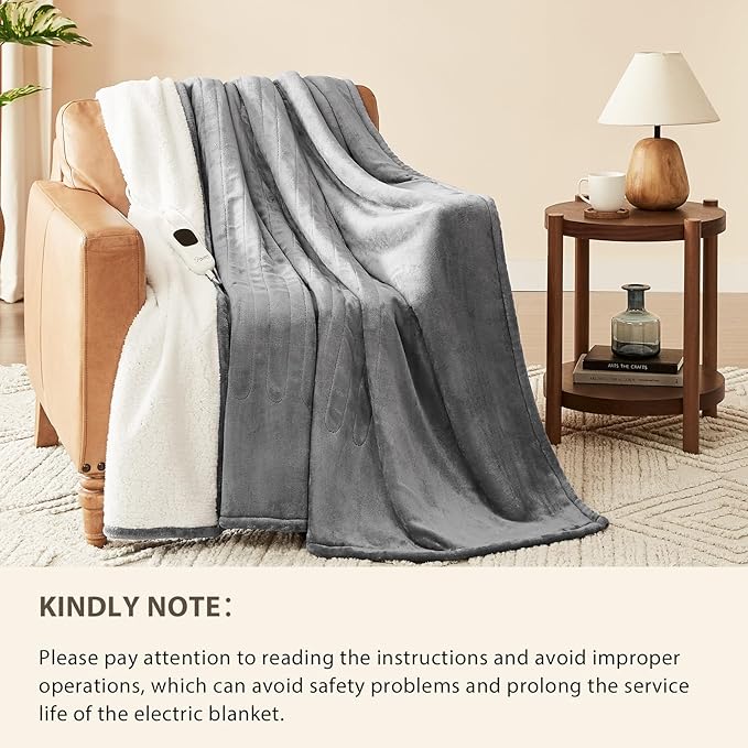 Homemate Electric Heated Blanket Queen Size - 84"x90" Heating Blanket Queen Size Dual Control 1/2/4/6/8 Hours Auto-Off 10 Heat Level Over-Heat Protection Flannel Sherpa ETL Certification