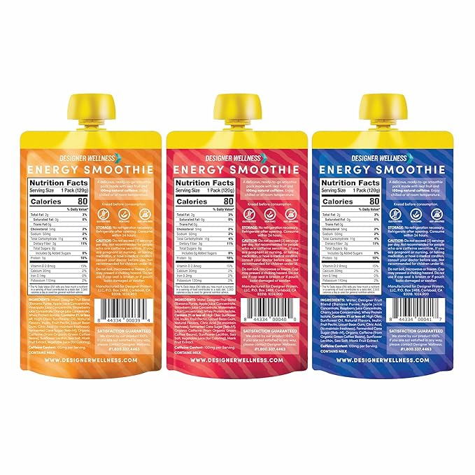 Designer Wellness Energy Smoothie, Real Fruit, 100mg Natural Caffeine, 5g Protein, Low Carb, Zero Added Sugar, Gluten-Free, Variety Pack, 12 Count