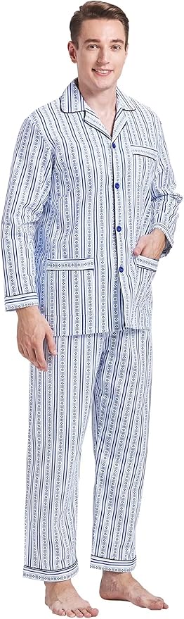 GLOBAL Men's Pajamas Sets 100% Cotton Flannel Sleepwear Long-Sleeve top & Bottom