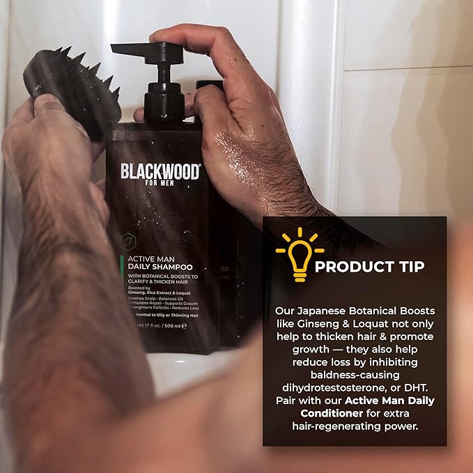 BLACKWOOD FOR MEN Active Man Daily Shampoo - Thickening & Clarifying Shampoo for Normal to Oily Hair or Scalp - Fights Hair Loss - Natural Vegan Formula - Sulfate Free with Ginseng & Aloe Vera (7oz)