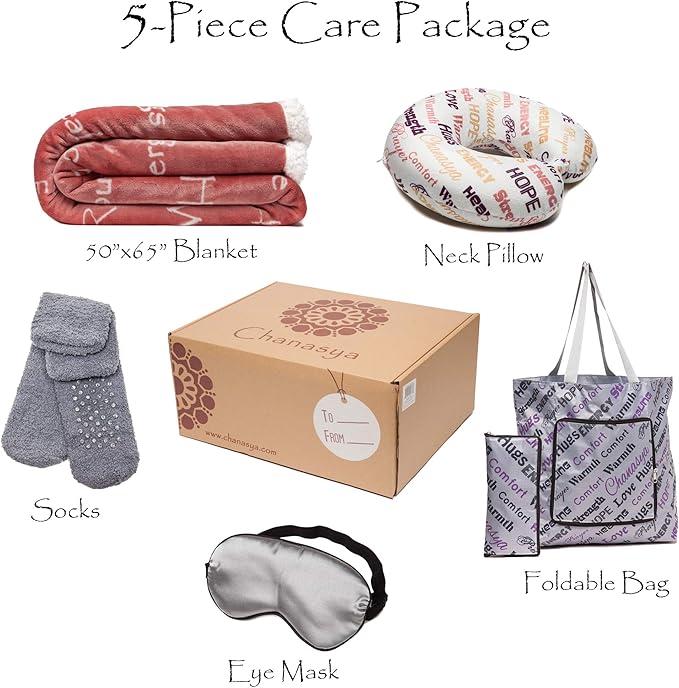 Chanasya Premium Care Gift Package - Throw Blanket, Neck Pillow, Eye Mask, Tote Bag, Socks - 50” x 65” - 5-Piece Set, Rose Tan