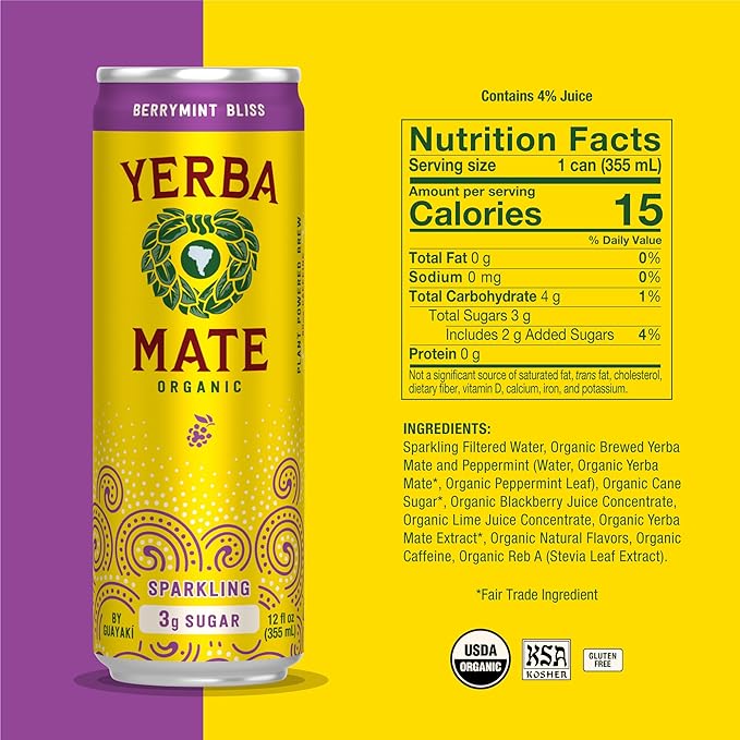 Yerba Madre Organic Sparkling Yerba Mate, Berrymint Bliss, Low Sugar, 80mg Natural Caffeine, Smooth Energy & Focus, Carbonated, 12 Oz (Pack of 12) (Packaging May Vary)