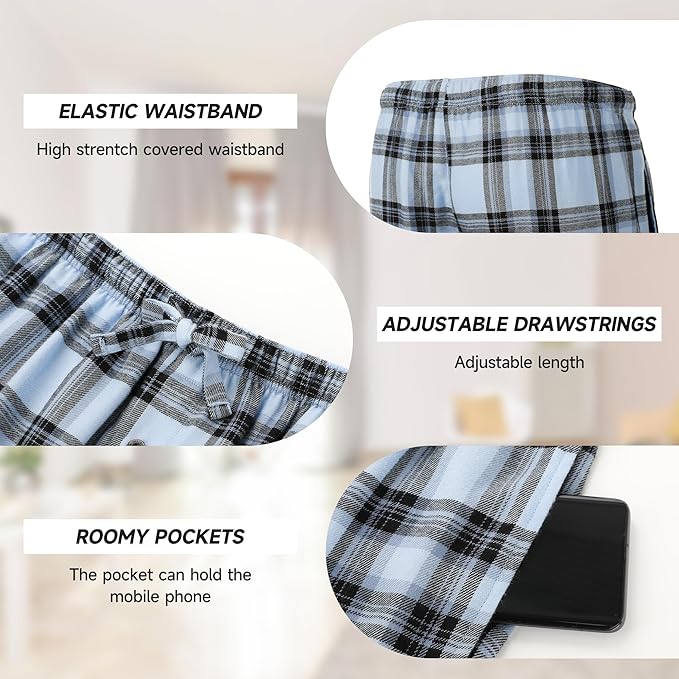BAMBOO COOL Men's Pajama Bottoms Plaid Pajamas Pants for Men Soft Long Lounge Woven Pj Sleep Pant with Pockets