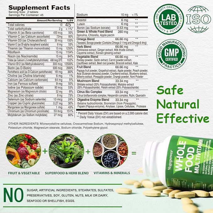 Vegan Whole Food Multivitamin for Men, Methylated Multivitamin for Men and Women, Organic Fruit and Veggies Supplement, Herb & Mushroom Blend, Plant Omegas, All Natural, Non-GMO, 180 Count