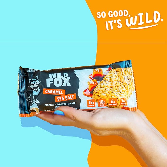 Wild Fox Protein Bars - Keto-Certified High Protein Snack with No Refined Sugar, Great Taste, 15g Protein, and No Seed Oils, Caramel Sea Salt