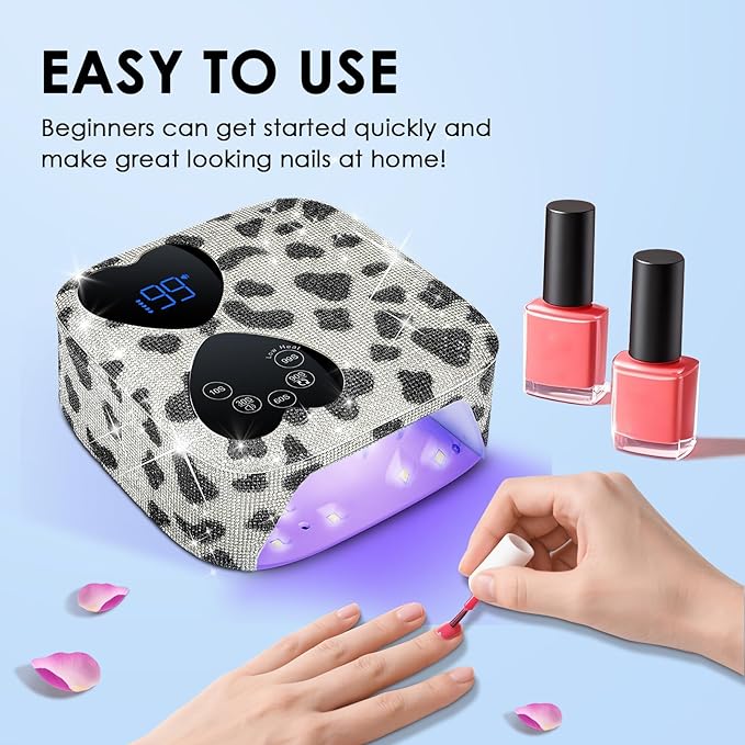 UV LED Nail Lamp Cordless, HUITINE 80W Rechargeable UV Light for Gel Nails with 5 Timers & Mirror Base, Professional Gel Light Dryer, Sparkling Rhinestones Curing Lamp for Salon & Home (Cow Diamond)