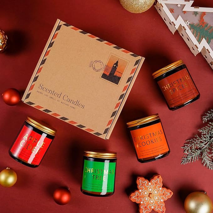 Christmas Candle Set | 4 Pack Scented Candles for Home | Holiday Gifts for Women & Men | Soy Candles with Scents of Christmas Tree, Cookies, Spices & Apple Cider