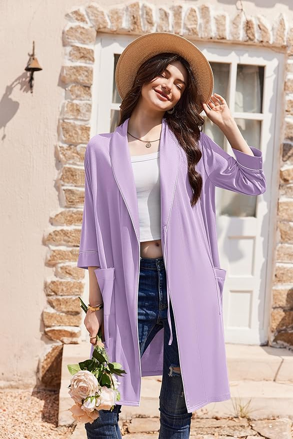 Ekouaer Women Robes Shawl Collar Bathrobe Short Kimono Robe Soft Knit Bathrobes Ladies Sleepwear with Pockets S-XXL
