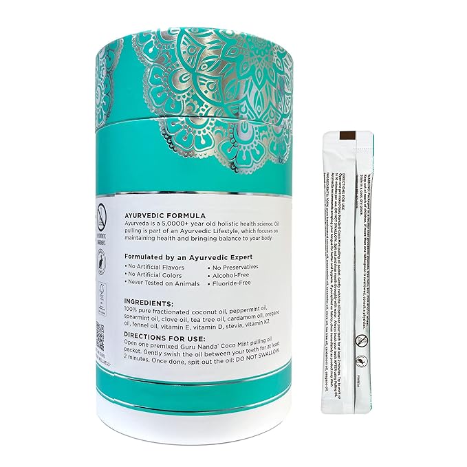 GuruNanda Travel Sachets Coconut Oil Pulling, Fresh Breath Mouthwash, 7 Essential Oils & Vitamins for Happy Teeth & Gums, 28 Sachets