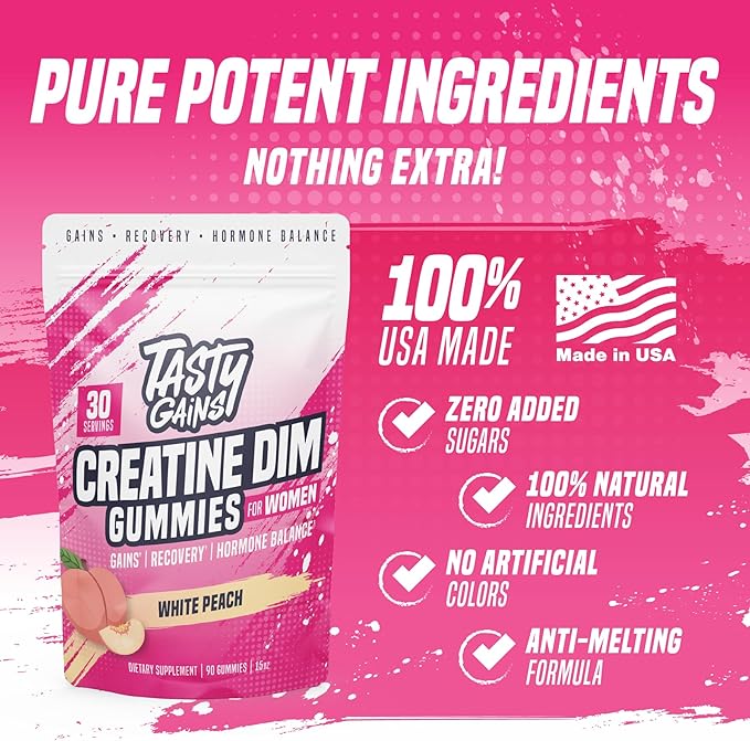 Creatine Gummies for women | 3g Creatine Monohydrate Per Serving | DIM Supplement 100 mg | Estrogen Balance for Women | Hormonal Acne, Hormone Balance, Glute Builder | Pineapple Mango Flavor