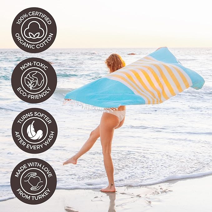 FESHKA Sand Proof Turkish Beach Towel – Oversized, Quick Dry & Lightweight Travel Towel - 100% Organic Cotton Beach Blanket - Perfect for Bath, Pool & Picnic | Good Vibes (Yellow/Blue)