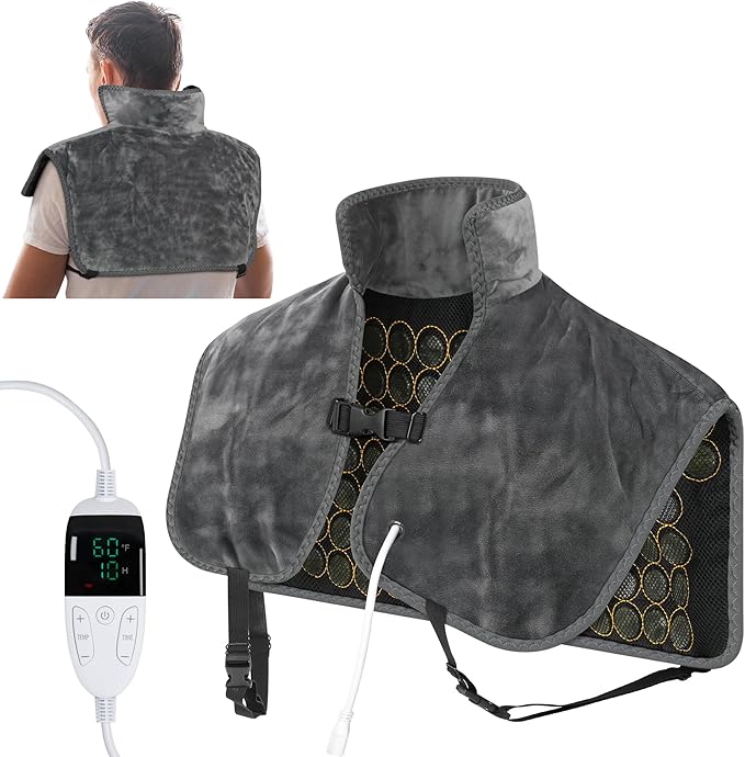 H&B Infrared Heating Pad for Back and Shoulder, Heating Pad for Pain Relief, Natural Jade and Tourmaline Stones, Smart Controller with Memory Function, Temp Adjustable, Auto Shut Off