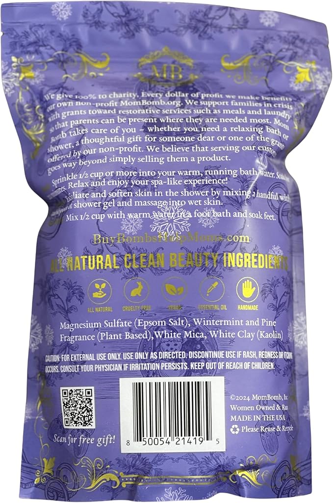 Mom Bomb Sparkling Snow Epsom Salt Bath Soak (Witnermint Pine) – Natural Magnesium Salt with Essential Oils – Relaxing Aromatherapy for Stress Relief, Muscle & Foot Soak – Made in USA, 48 Ounce