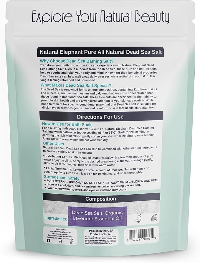 Natural Elephant Dead Sea Lavender Bath Salt Bathing and Foot Soak for Relaxing and Nourishing- 100% Pure with Organic Lavender Essential Oil - Medium Coarse Grain (5 lb (80 oz) Bag)