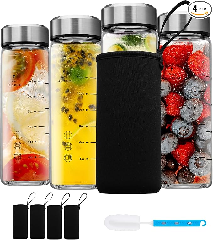 Glass Juice Bottles 16 oz-4 Pack Leak Proof Wide Mouth Water Bottle with Stainless Steel Lid & Sleeve - for Juicing, Smoothies, Infused Water, Beverage Storage, Eco-Friendly Borosilicate