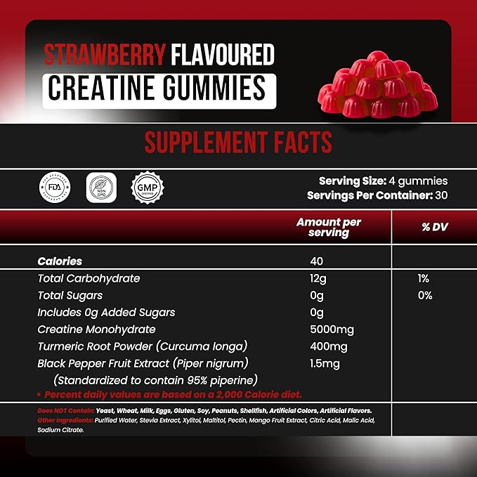 Creatine Monohydrate Gummies 5000mg- 120 Count Sugar Free for Men & Women - Strawberry Flavor Vegan Creatine Supplement for Muscle Strength, Energy, Endurance & Workout Gummies