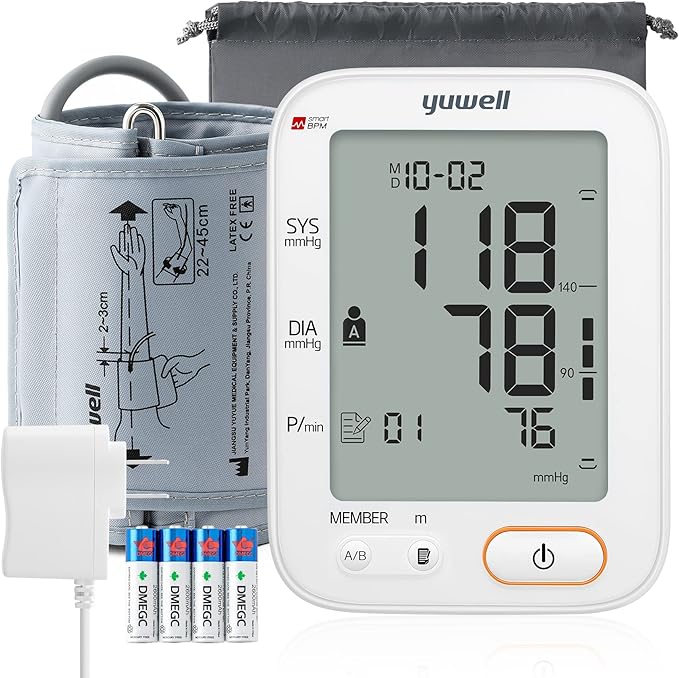 yuwell Upper Arm Blood Pressure Monitor | Medical Grade, BP Machine for Home Use | 2 Users, 99x2 Readings, Wide Range Blood Pressure Cuff, 4.5" Large Display, Power Adapter