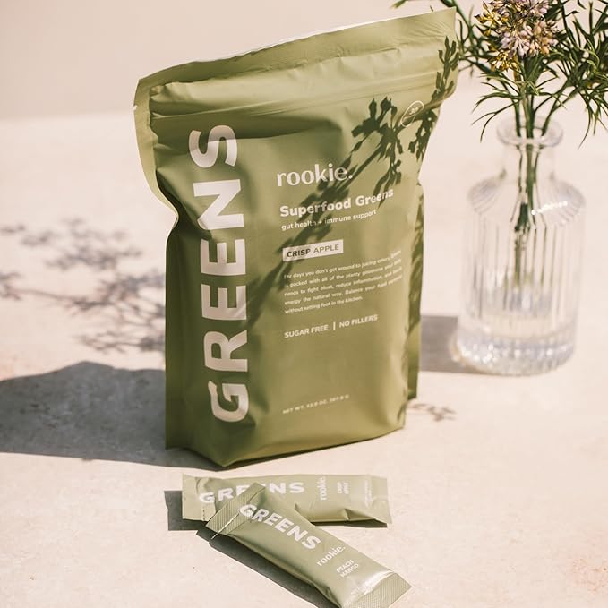 Rookie Wellness Greens + Superfoods - Greens Superfoods Powder Drink Made with Whole Food Sourced Ingredients Contains Vitamins, Probiotics, Antioxidants, and Baobab Fiber (30 Servings, Crisp Apple)