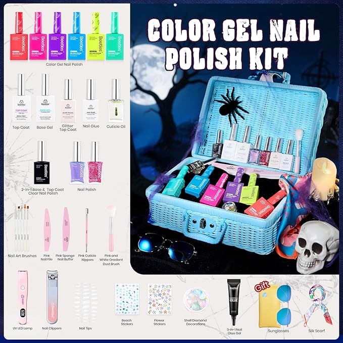 Beetles Halloween Gel Nail Polish Set with Mini LED Nail Lamp Purple Red Green Yellow Gel Polish with Base Top Coat Nail Art Brushes Salon DIY Gift Basket for Women