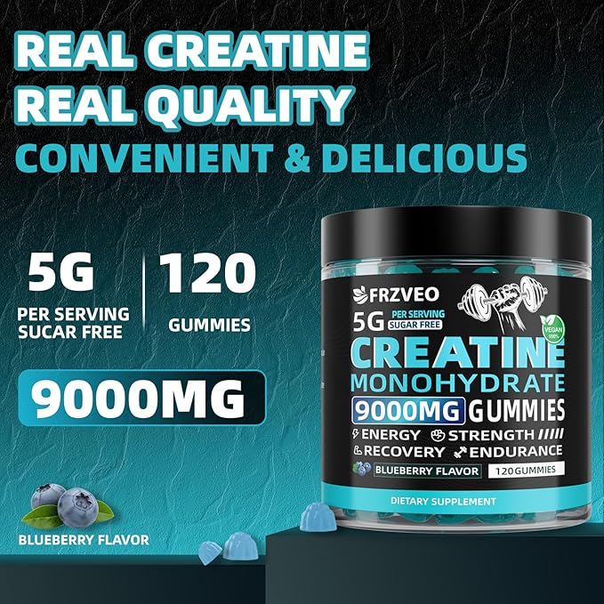 Creatine Monohydrate Gummies 9000mg for Men & Women, Potent Chewables Creatine 5g Per Serving, Creatine Supplement for Strength, Energy & Focus, Sugar Free, Vegan Non-GMO, Blueberry -120 Count
