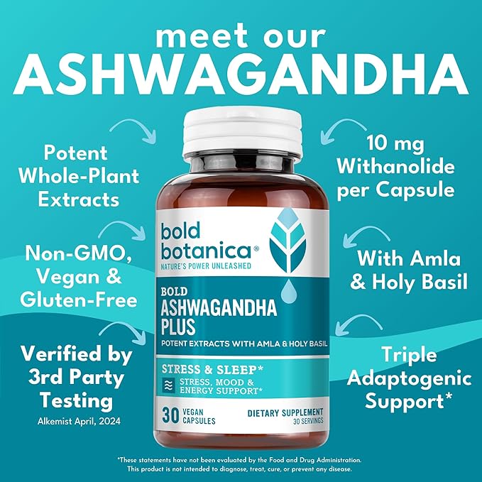 Bold Botanica Ashwagandha Plus – Stress, Mood, Memory & Energy Support – Potent Extracts of Root and Leaf with Amla & Holy Basil – Triple Adaptogenic Formula – One Capsule Daily – 30 Vegan Caps