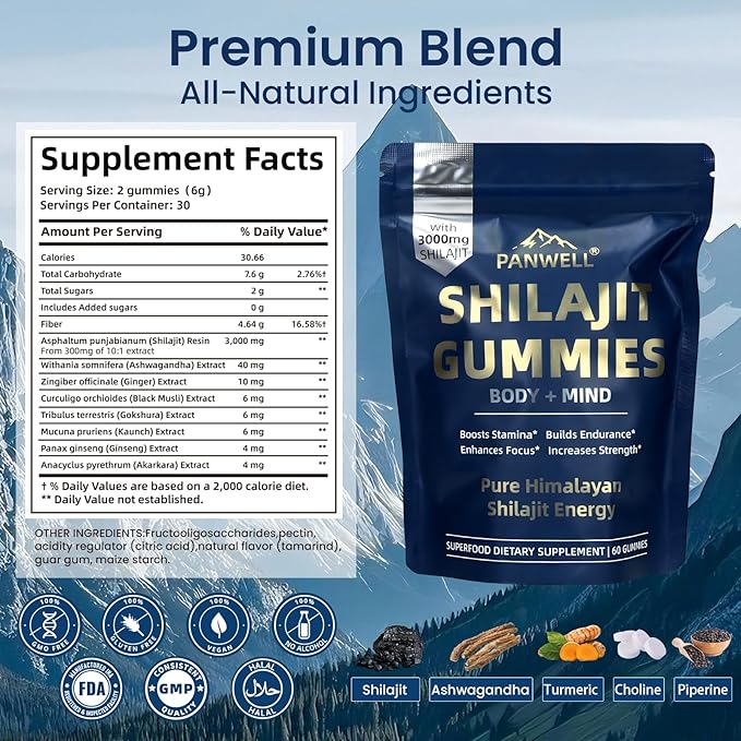 PANWELL Shilajit Gummies with Ashwagandha, Seamoss & Turmeric | Zero Sugar Energy, Cortisol Balance, Sleep, Immune & Overall Health Support – for Men & Women 90 Gummies