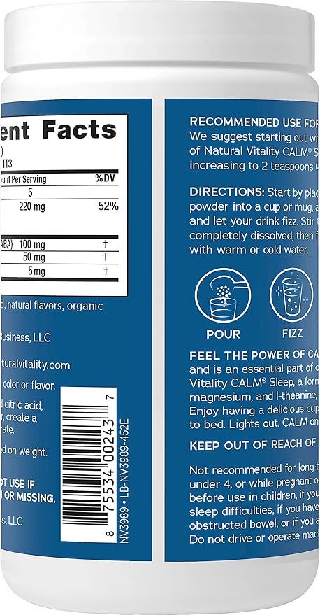 Natural Vitality Calm Sleep, Melatonin & Magnesium Citrate, Sleep Aid Drink Mix, GABA, Aid, Vegan, Gluten Free Non-GMO, Mixed Berry, 16 Oz