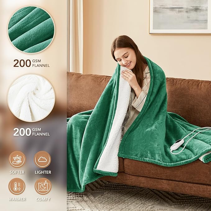 Homemate Electric Heated Blanket King Size - 100"x90" Heating Blanket King Size Dual Control 1/2/4/6/8 Hours Auto-Off 10 Heat Level Over-Heat Protection Flannel Sherpa ETL Certification