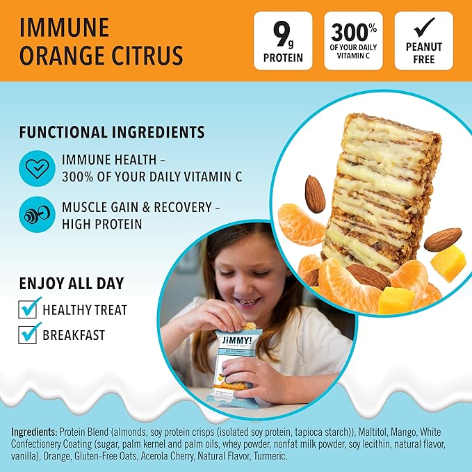 JiMMYBAR! - Immune! Orange Citrus Blast Protein Bars - 9g Protein Bar - 12 Count - 58g of Real Food - 300% of Daily Vitamin C - Chewy & Soft Meal Replacement Bar - Hand Drizzled Topping