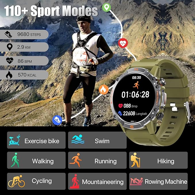 WalkerFit Military Rugged Smart Watch for Men 1.43" AMOLED Smartwatch, Always-on, IP68 Waterproof for Swim, HR Sleep Monitor, Bluetooth Call Fitness Watch for iPhone Andriod Compatible, Army Green