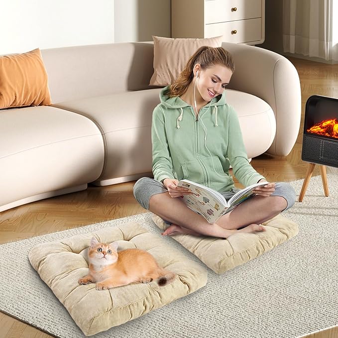 Meditation Floor Cushions Set of 2, Thickened Floor Pillow for Adults, Large Square Pillows Seat Cushion for Tatami Living Room Yoga, Memory Sponge Block Added, 22x22 Inch, Beige