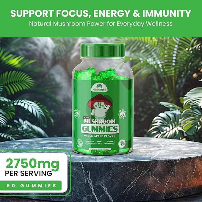 Organic Lions Mane Mushroom Gummies – Delicious Green Apple Flavor Lion's Mane Gummy – 10 Mushroom Superfood Blend – Supports Focus, & Clarity, Vegan 90 Ashwagandha Gummies