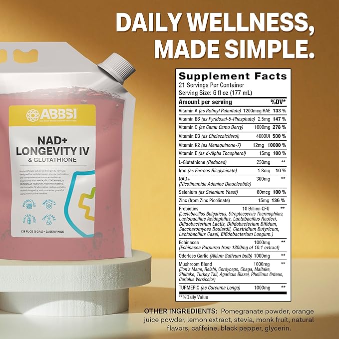 NAD+ Longevity & Glutathione Powder – 1 Gallon Bulk Supplement – Cellular Energy, Detox & Anti-Aging Support – Vegan, Non-GMO, Berry Citrus Drink Mix – Just Add Water