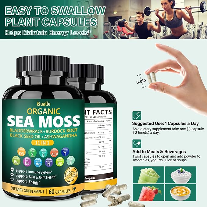 Organic Sea Moss Capsules with Black Seed Oil, Ashwagandha, Bladderwrack, Ginger & Burdock Root – Herbal Complex for Daily Wellness – 60 Capsules (1 Pack)