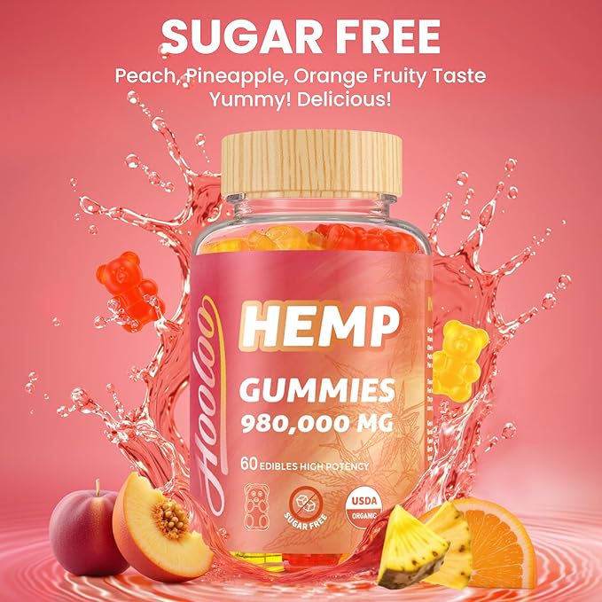 HOOLOO Hemp Gummies 980,000 Fruity, Bears Sugar Free Hemp Gummy for Adults, Made in USA