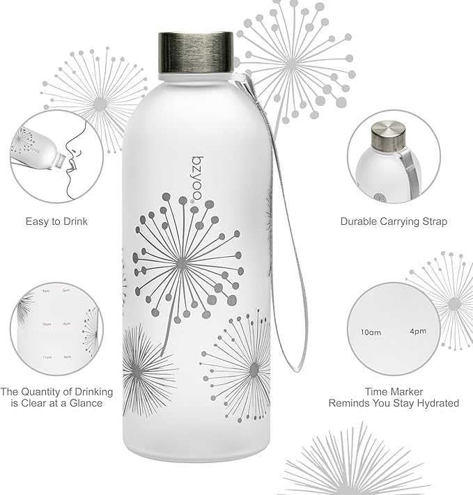 bzyoo 32oz 1 Liter Clear Water Bottle with Time Marker, Dandelion Design, Durable Plastic, BPA-Free, Reusable with Measurement Markings for Fitness and Outdoor Activities (Color: Silver)