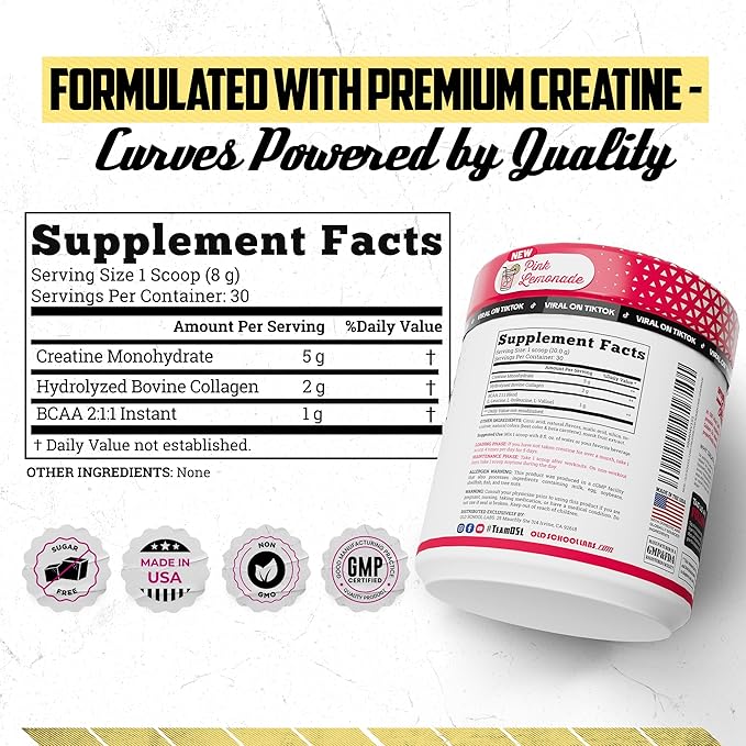 Old School Labs 5g Creatine Monohydrate Powder with Collagen & BCAA ∣ Women's Post-Workout Formula for Muscle Repair & Recovery, Energy & Lean Muscle Support, 30 Servings Pink Lemonade