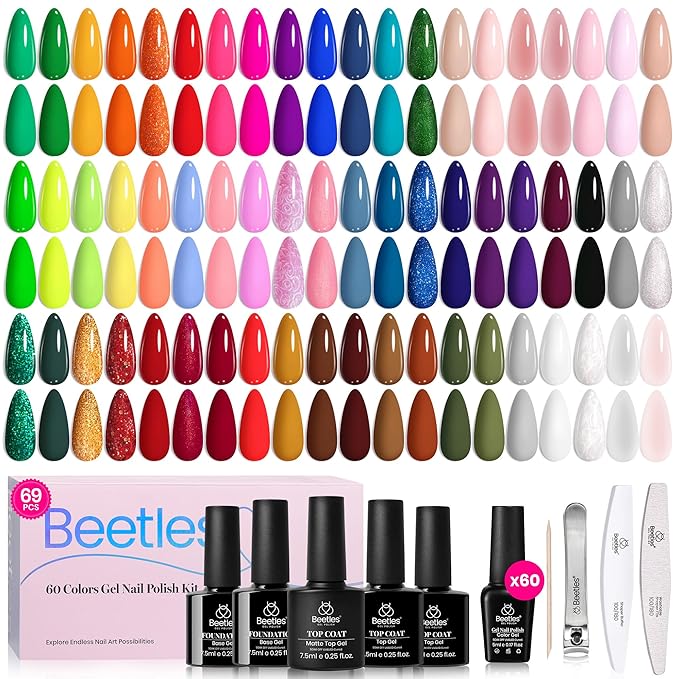 Beetles Gel Nail Polish Set - Style Manifesto 60 Colors Winter Uv Gel Polish Kit Jelly Brown Glitter Nude Pink White Red Blue Green Color Nail Polish Base &Glossy Matte Top Coat Gift for Her Women
